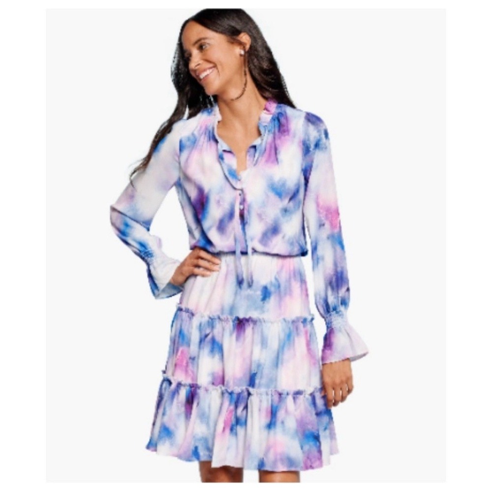 Ellen Tracy Womens Blue Purple Watercolor Tie Dye Tiered Ruffle Mini Dress Med